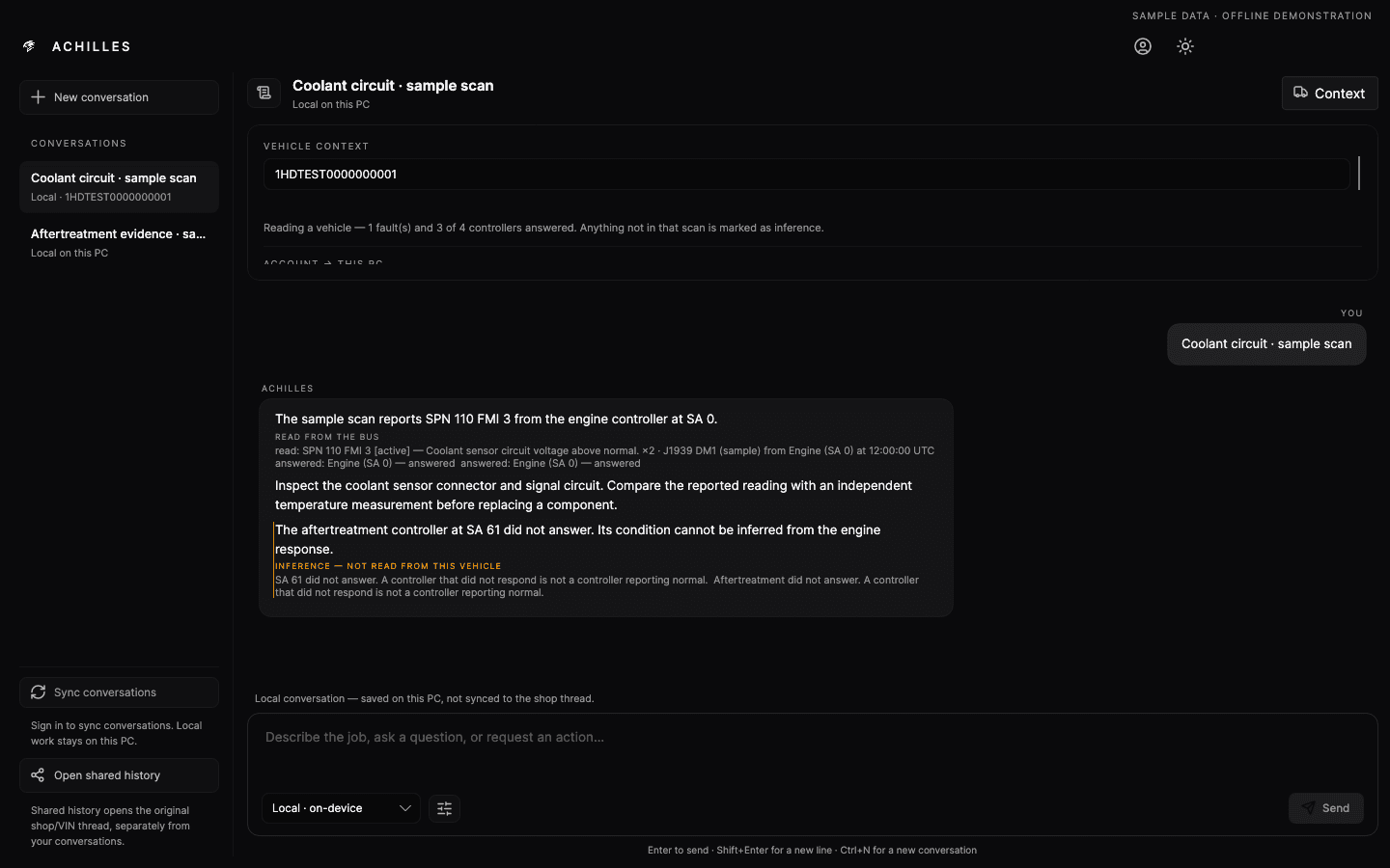 Complete dark Achilles AI Agent window with the context panel open, a demo VIN and a summary of three responding controllers out of four.