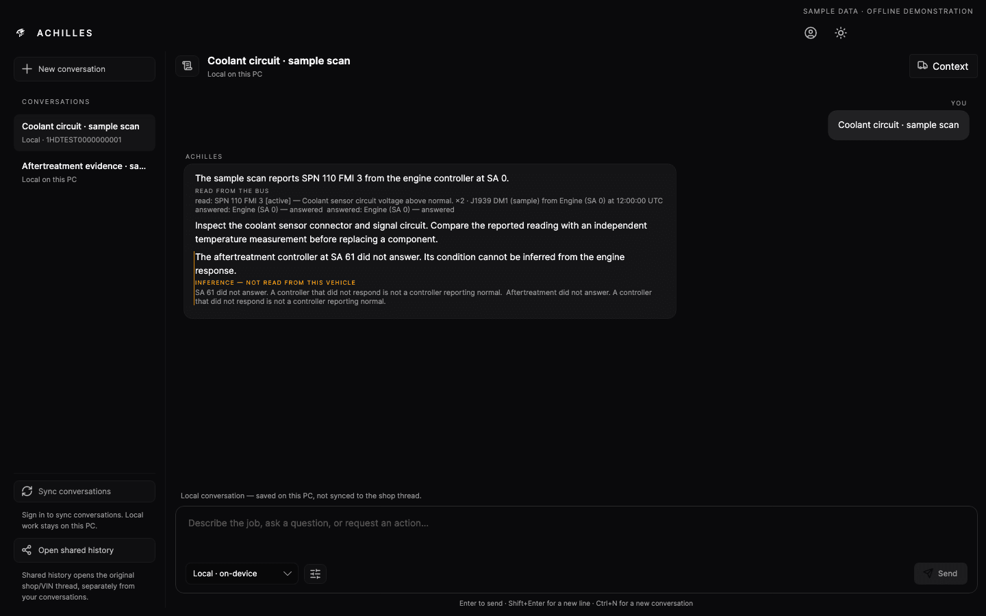 Complete dark Achilles AI Agent window with a sample conversation separating cited scan evidence from inference.