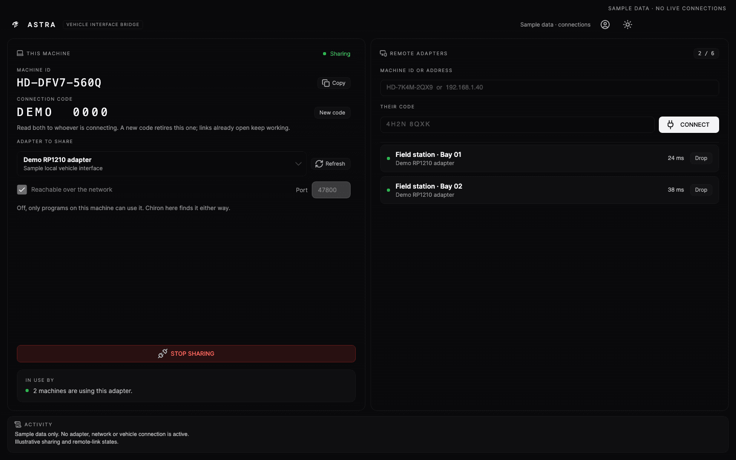 Complete dark Astra window with two sample remote adapter connections and illustrative latency values beside local adapter sharing.