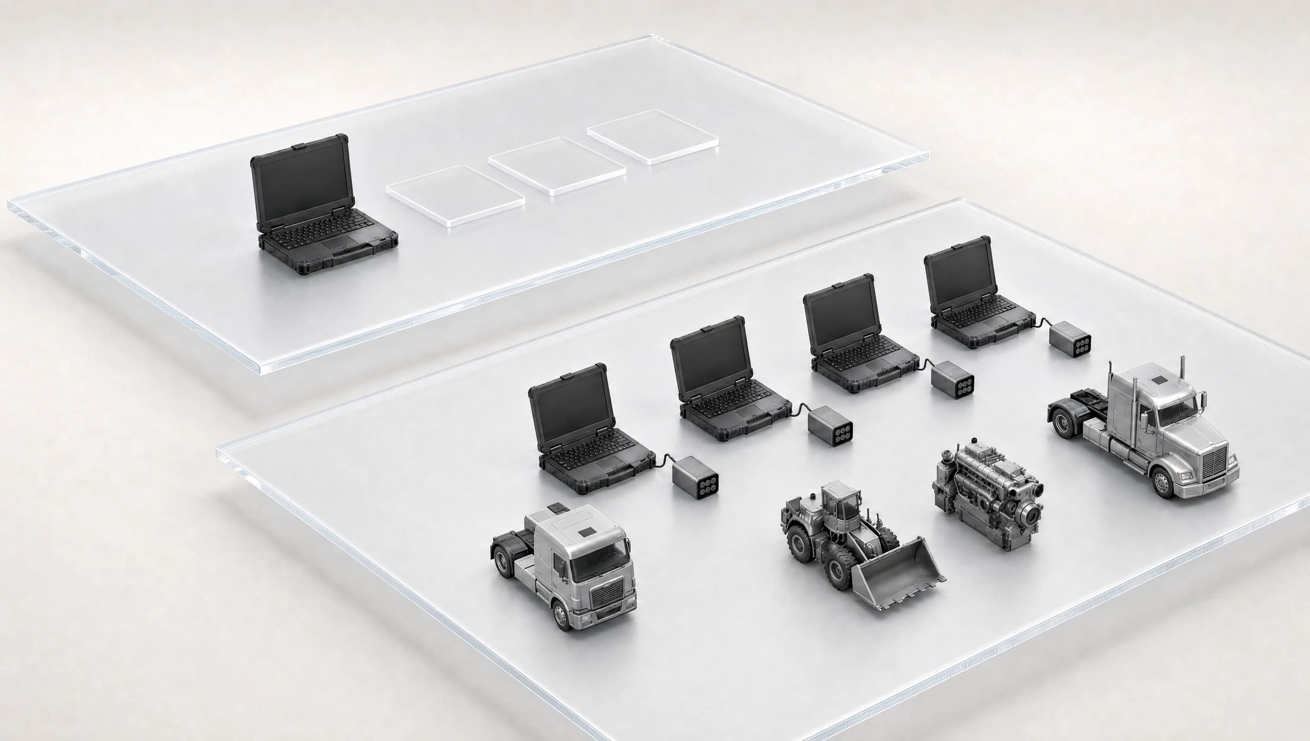 Illustration of the connected Hyperdiag suite, from diagnostic workspace to remote vehicles