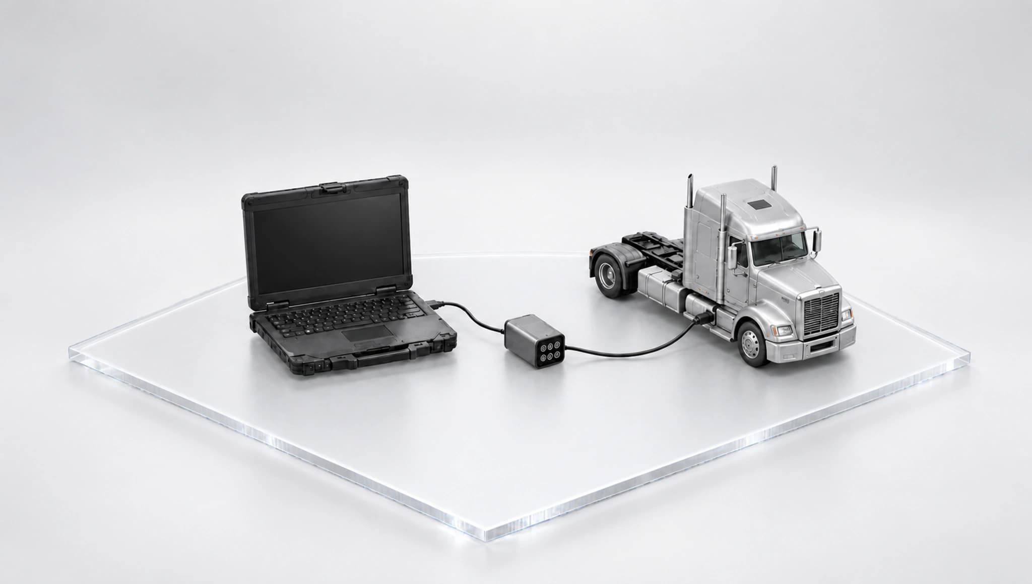 Chiron diagnostic laptop connected through a physical adapter to a vehicle