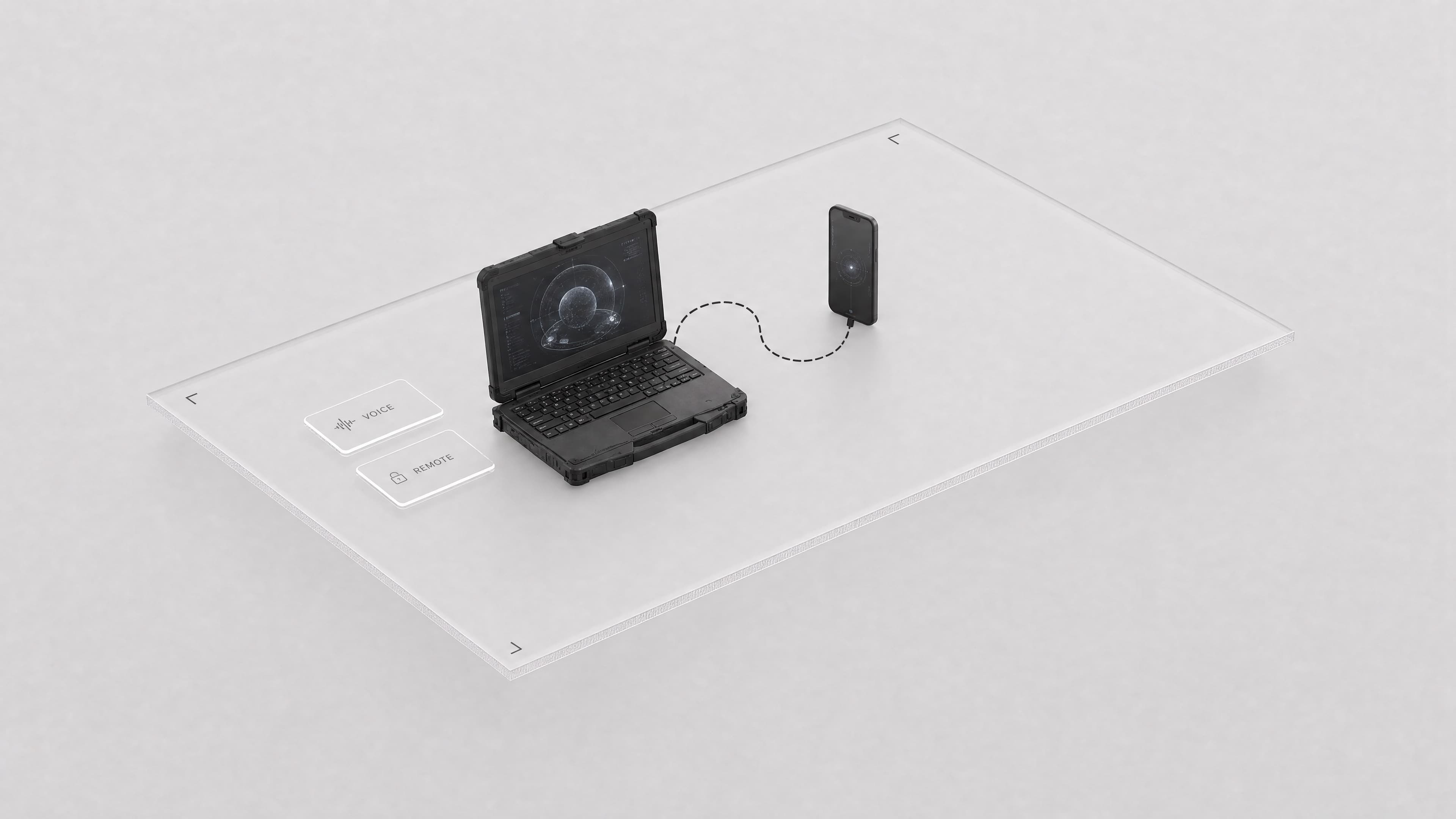 Achilles lives in the assigned laptop. A phone talks to it.