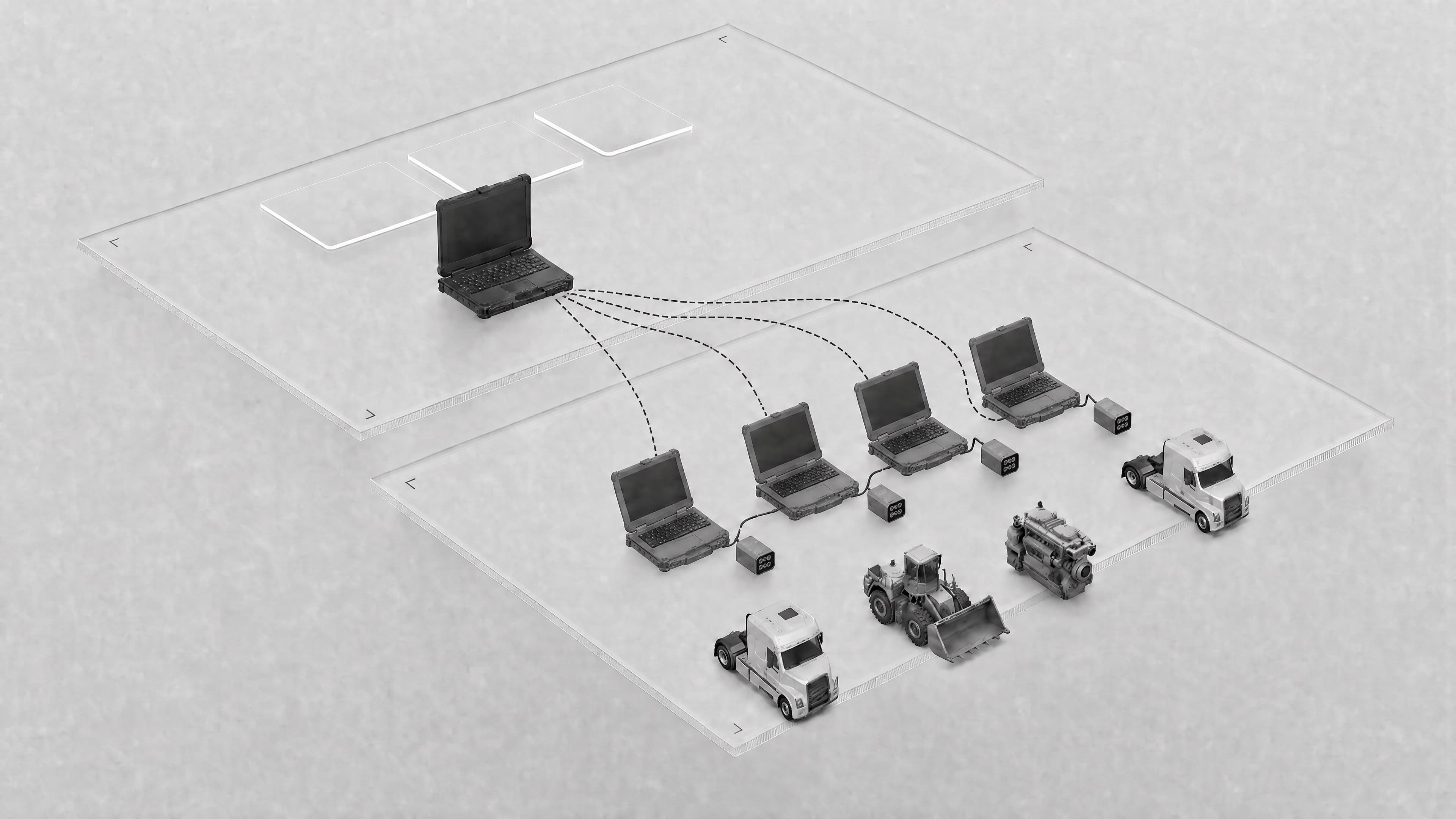 Astra: one hub laptop, four field laptops each on an asset.