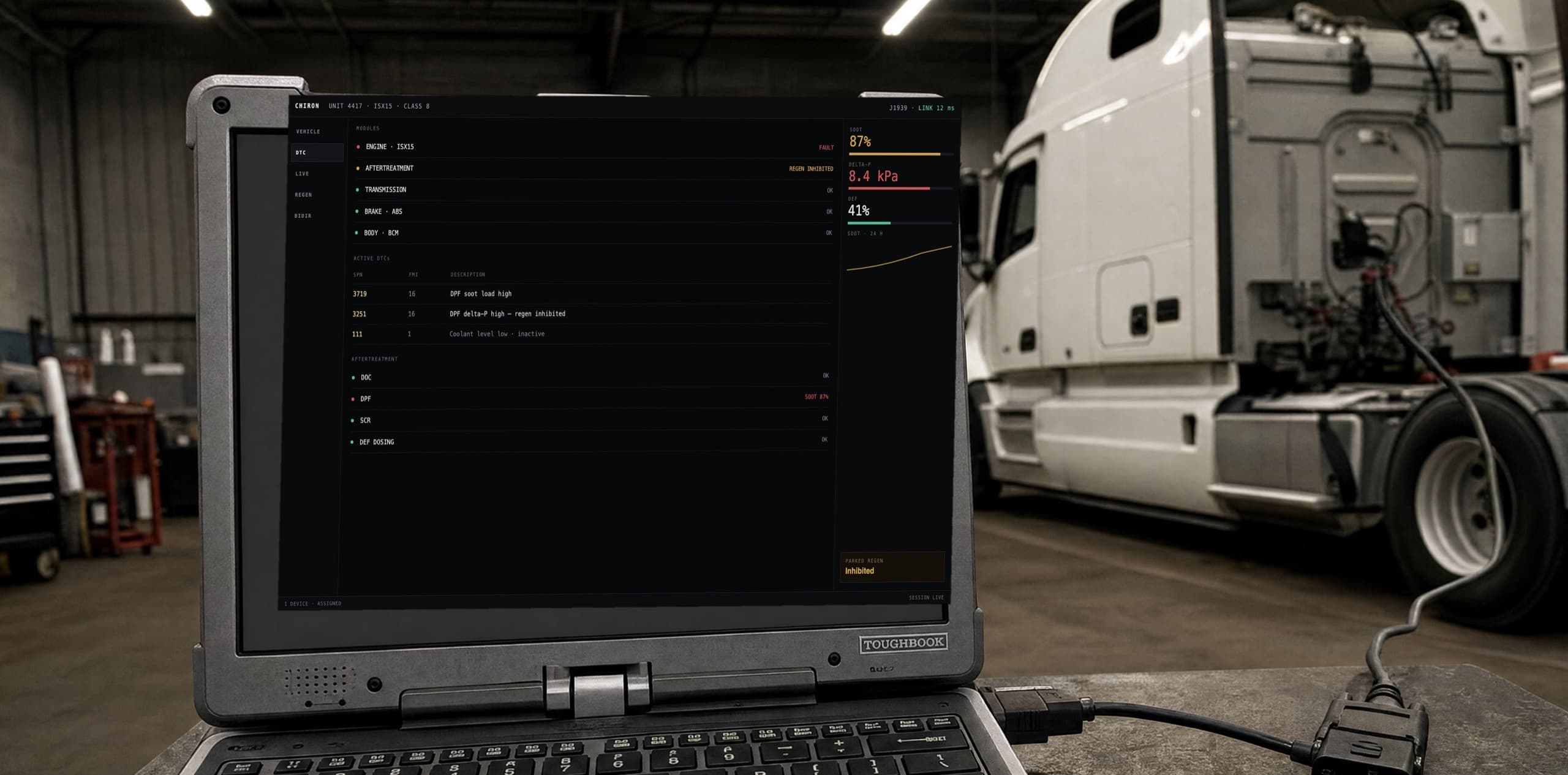 Chiron open on the assigned Toughbook, cable to the truck.