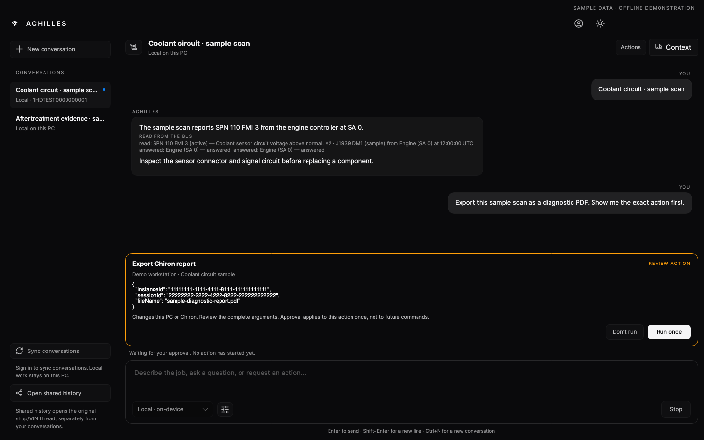 Complete dark Achilles AI Agent window with a sample report export awaiting approval, its exact arguments and Run once and Don't run controls.