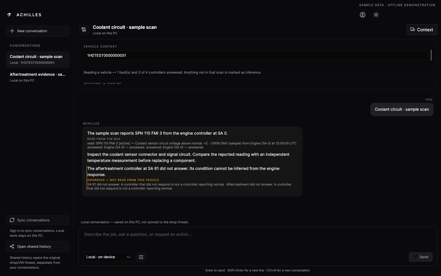 Complete dark Achilles AI Agent window with the context panel open, a demo VIN and a summary of three responding controllers out of four.