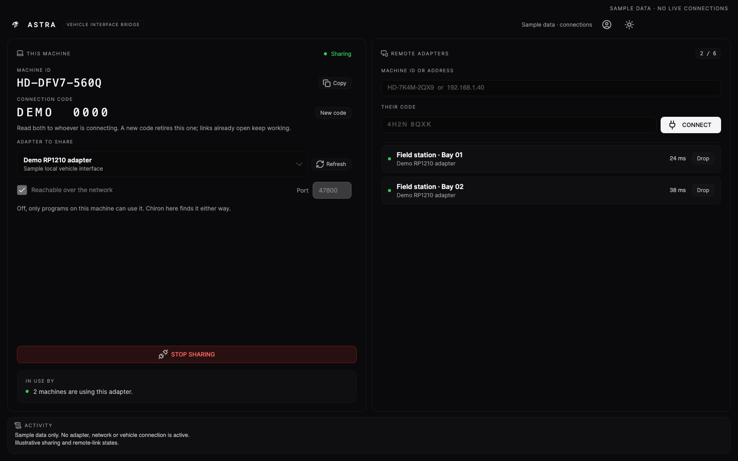 Complete dark Astra window with two sample remote adapter connections and illustrative latency values beside local adapter sharing.
